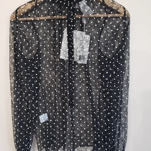 Akris Punto Layered Lace & Polka-Dot Blouse Size 6